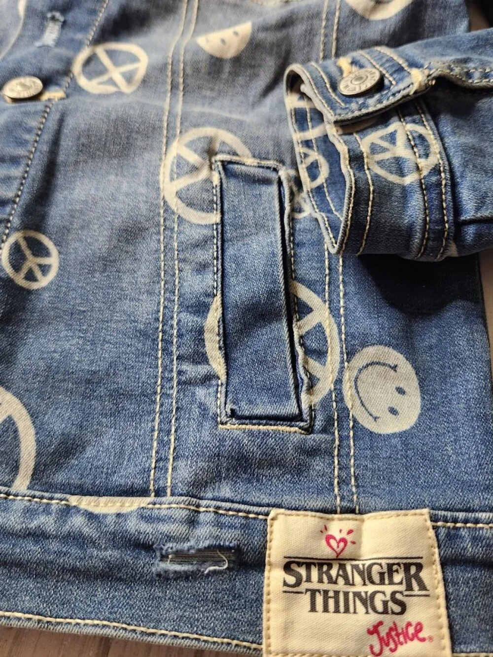 Girl’s Justice X Stranger Things Soft Denim Peace Sign Smiley Face Jacket Size M